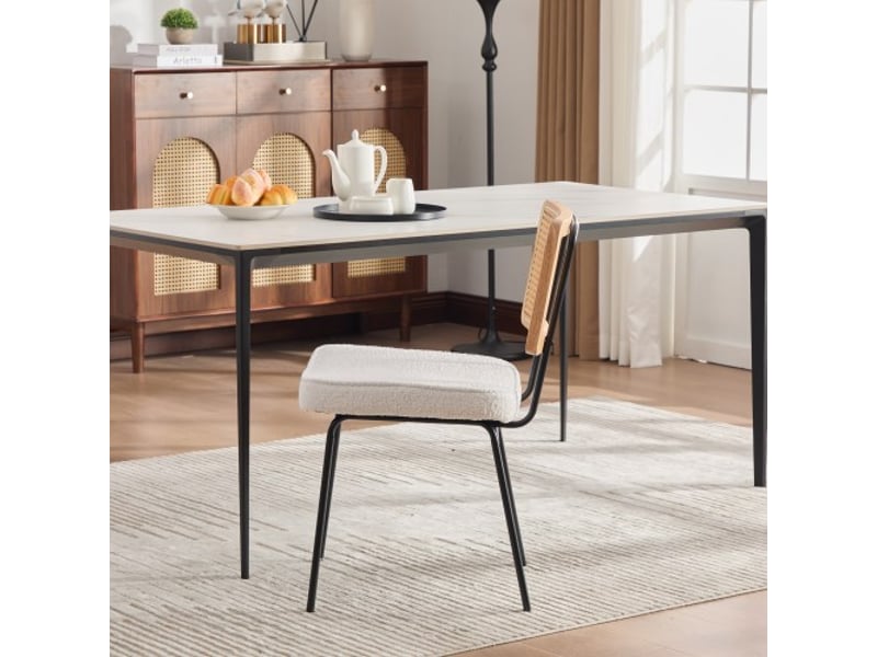  Ensemble 2 chaises modernes sans accoudoirs - dossier bois massif et rotin, assise chenille ivoire, pieds réglables  - Conforama B
