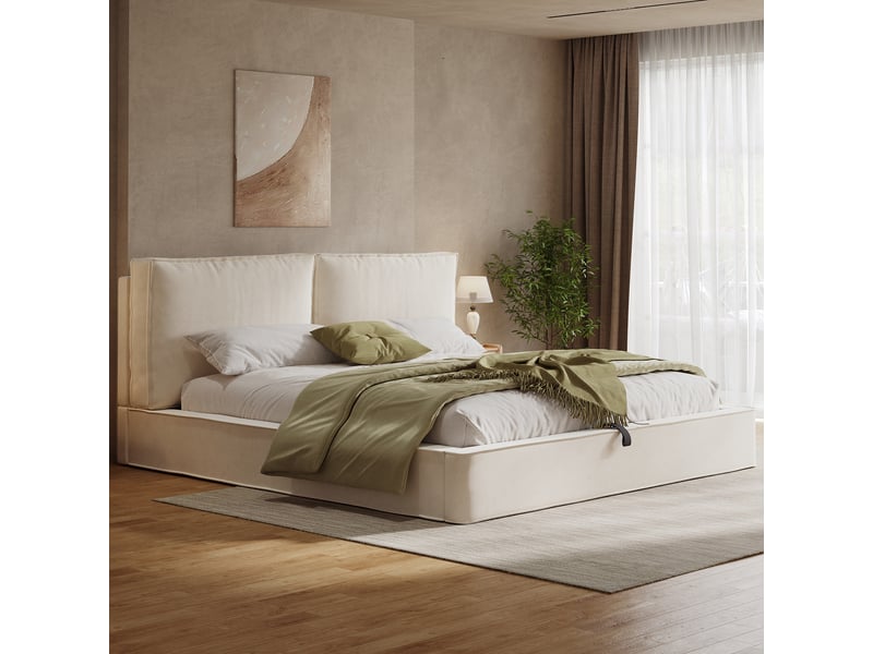  Lit coffre rembourré 180x200 cm, lit double avec rangement hydraulique, tête de lit épaisse 13 cm, sommier à lattes, velours - beige  - Conforama B