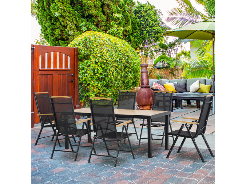  Salon de jardin extérieur 6 personnes, cadre en aluminium, table 190 cm, 6 chaises pliables et inclinables, noir  - Conforama D