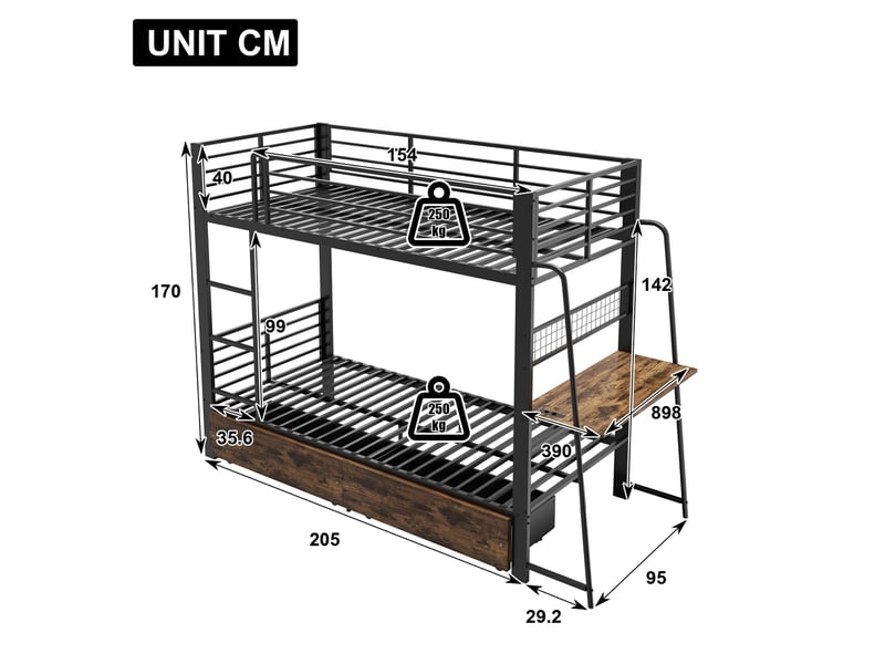  Lit superposé 90x200 cm avec bureau, led et tiroirs en métal et mdf couleur noir et brun, sans matelas, design industri  - Conforama C