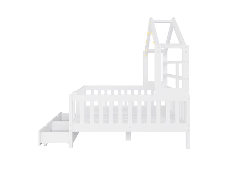  Lit cabane 140x200cm pour enfant avec toit, led, 2 tiroirs de rangement, barrières de sécurité, mdf et pin - blanc  - Conforama E