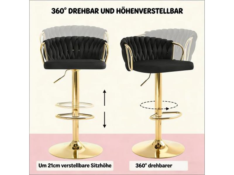 Lot de 2 tabourets de bar,50,5x49,5 cm,réglables et pivotants,velours,noir  - Conforama D