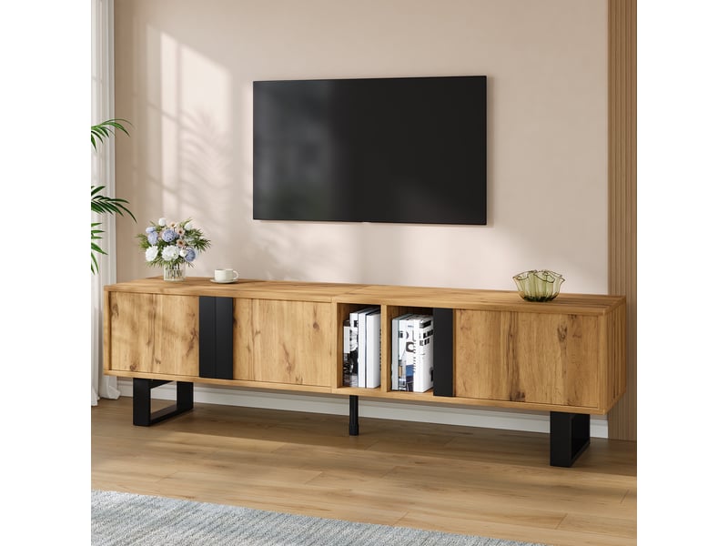  Meuble tv 160 cm – 3 portes, 2 compartiments, pieds métal noir -  style campagne  – bois naturel - buffet bas et table tv moderne  - Conforama B