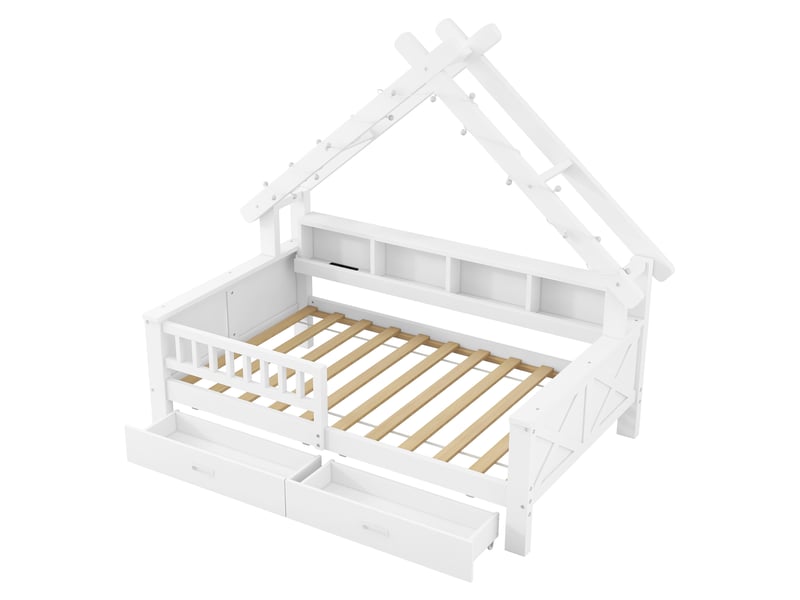  Gutenacht lit cabane en bois 90x200cm avec éclairage led, rangements, tiroirs et garde-corps, blanc  - Conforama A