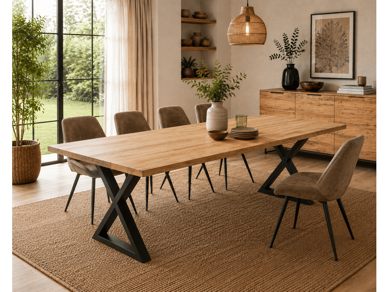  Table à manger avec bord droit coloris chêne massif et pieds en métal noir - longueur 220 x profondeur 100 x hauteur 76 cm  - Conforama B