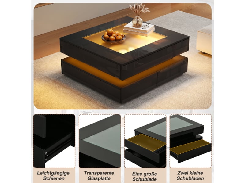 Table basse géométrique led - plateau verre, 3 tiroirs, noir, 70x70x35 cm, idéal petit espace - Conforama E