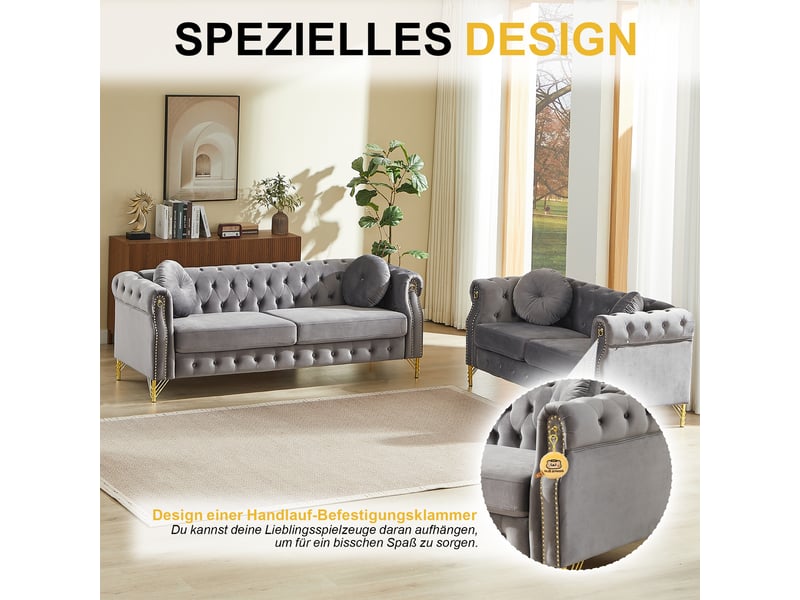  Canapé chesterfield gris en velours, 208,3 x 229,8 x 73,6 cm, pieds en métal, boutons capitonnés, clous dorés  - Conforama E