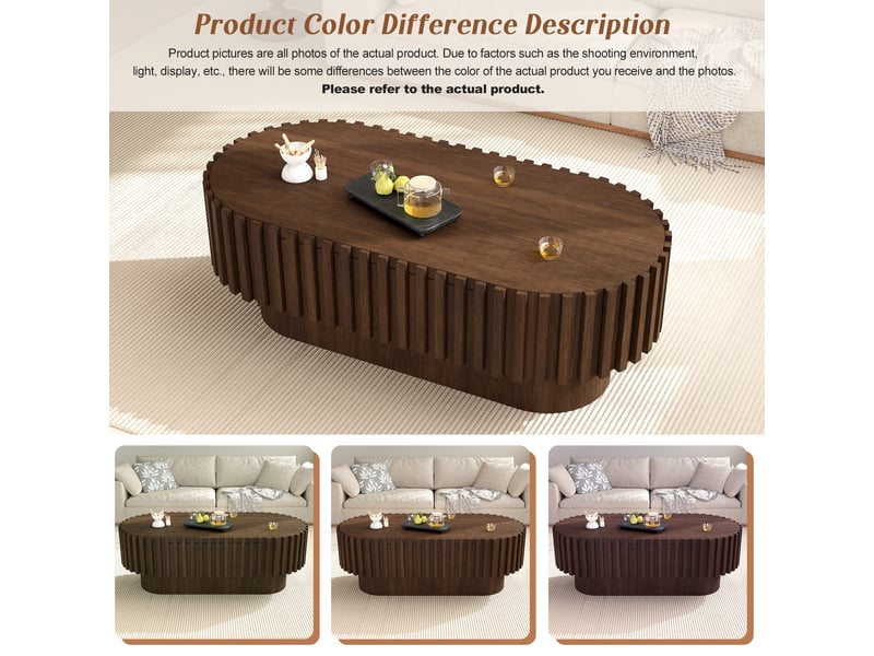 Table basse ovale avec 1 tiroir de rangement, décor à lamelles verticales pour salon, en mdf noyer, 100 × 50 × 35,5 cm - Conforama E