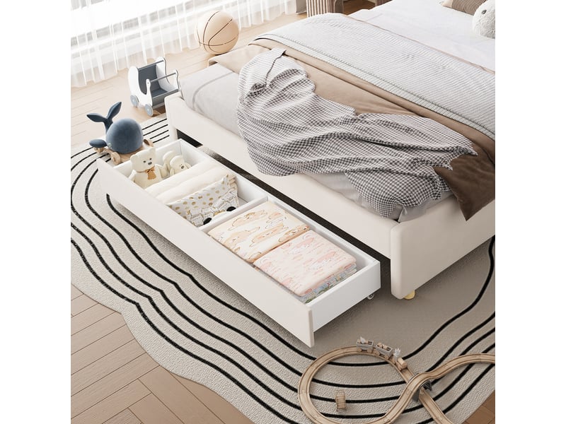  Lit cabane 140x200 cm en velours beige avec toboggan, led, prise de charge, étagère de tête de lit et coffre chicfurn  - Conforama E