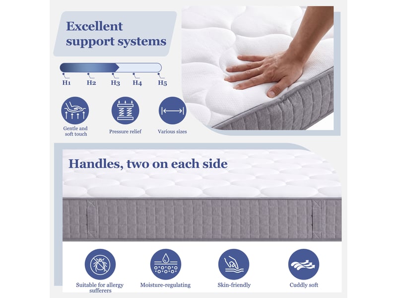  Matelas à ressorts ensachés 140x190 cm,fermeté h3,7 zones de confort,mousse froide,coton sans colle,25 cm,livré roulé,blanc  - Conforama E