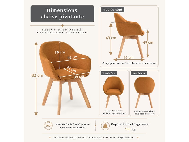  Lot de 2 chaises de salle à manger pivotantes à 360° – fauteuils design cocon, tissu effet lin respirant, pieds en bois massif - orange  - Conforama C