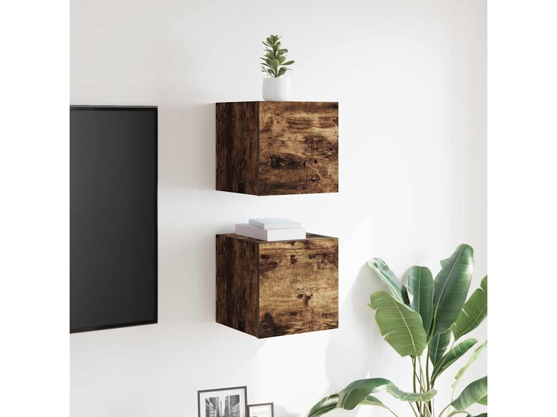  Lot de 2 meuble tv mural, meuble tv suspendu chêne fumé 30,5x30x30 cm  - Conforama C