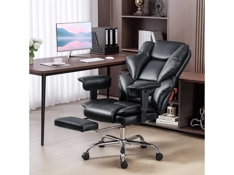  Chaise de bureau avec repose-pieds et appui-tête, cuir pu, mousse et métal, 76 x 73 x 117-125 cm, noire  - Conforama C