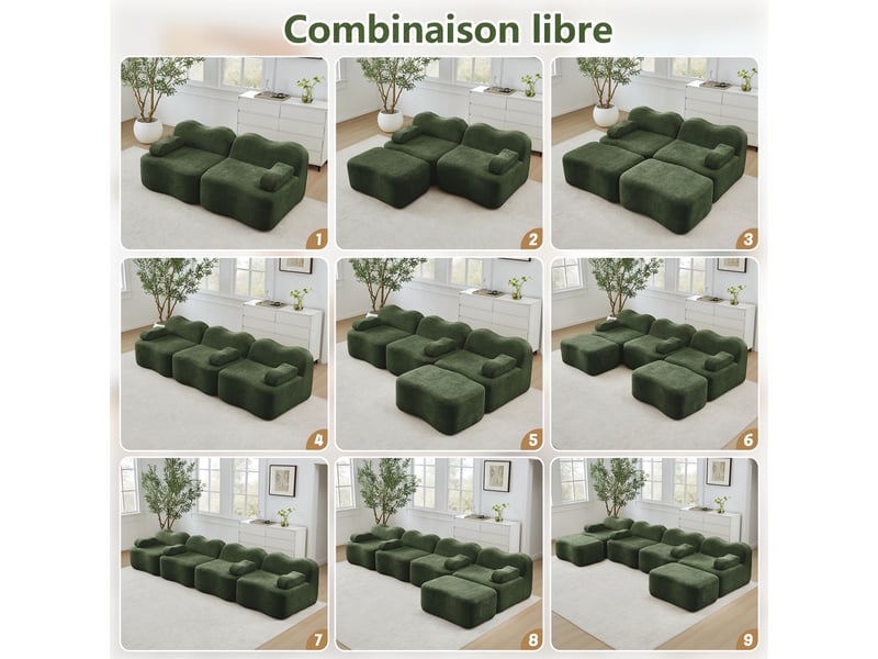 Canapé modulable 2 places avec pouf en velours vert 192 x 167 x 70 cm, sans montage, forme vague pour salon W3325S00416 - Conforama W