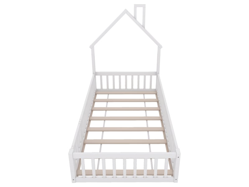 Lit cabane enfant 90x200 cm en pin blanc, style minimaliste, forme cheminée, sommier à lattes - Conforama A