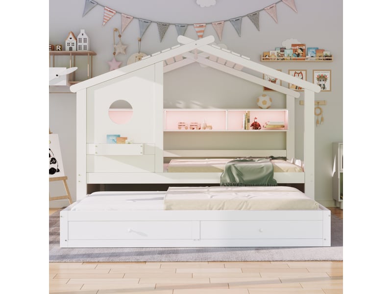  Lit enfant 90x200 cm - lit gigogne 90x200 cm - led rgb connectée et prises usb - 2 tiroirs - blanc  - Conforama D