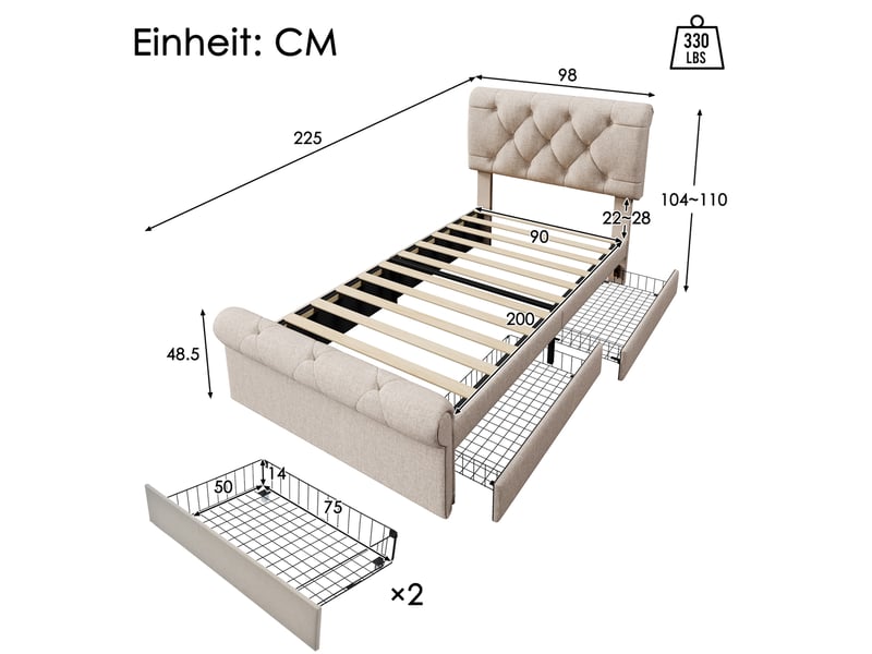  Modenvie lit simple 90x200 cm - 2 tiroirs, tete de lit reglable, sans matelas - naturel  - Conforama C