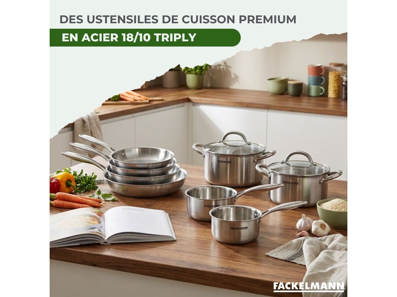 Poêles à frire 20 26 cm, casseroles 14 16 et 18 cm, faitouts 20 24 cm inox 1810 triply fackelmann vita3 9244450B88 - Conforama D