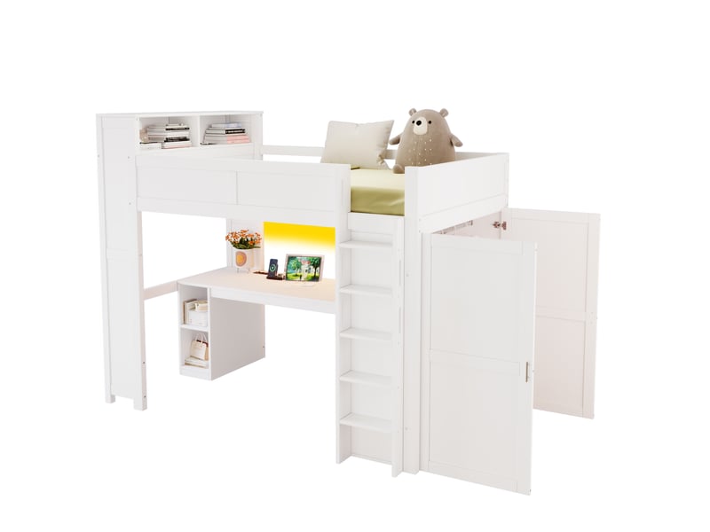 Lit mezzanine 90x200 cm blanc, avec bureau intégré, rangements, placard 3 compartiments, led, étagères, sommier inclus, sans matelas - Conforama A