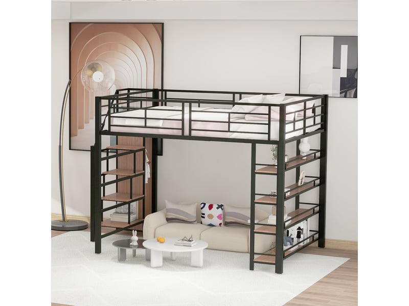  Lit mezzanine pour enfant 140x200 cm avec armoire, étagère, garde-corps, sommier, métal noir, sans matelas  - Conforama W