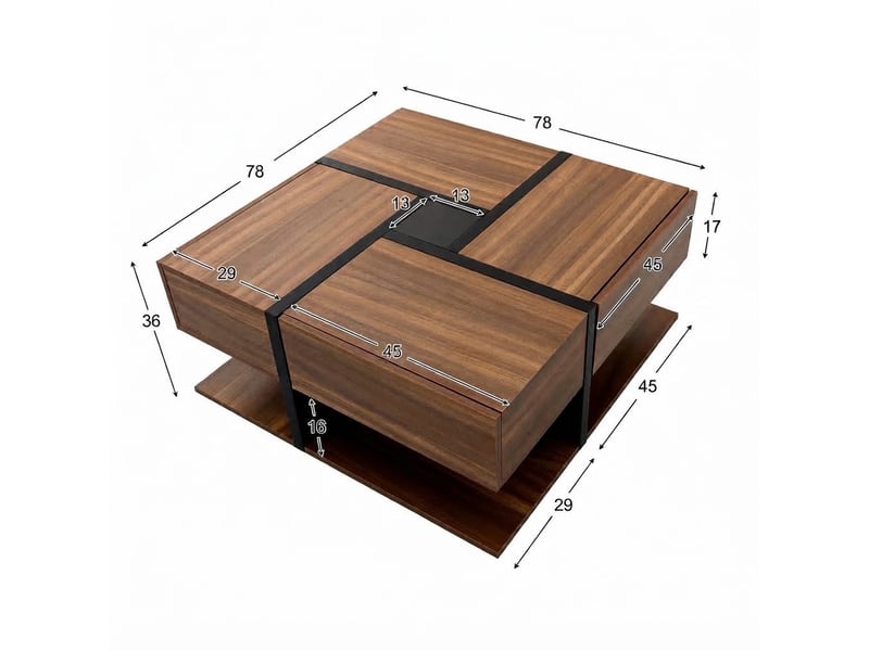  Table basse carrée avec 4 tiroirs et étagère basse – noir et décor bois – 78 x 78 x 36 cm  - Conforama D