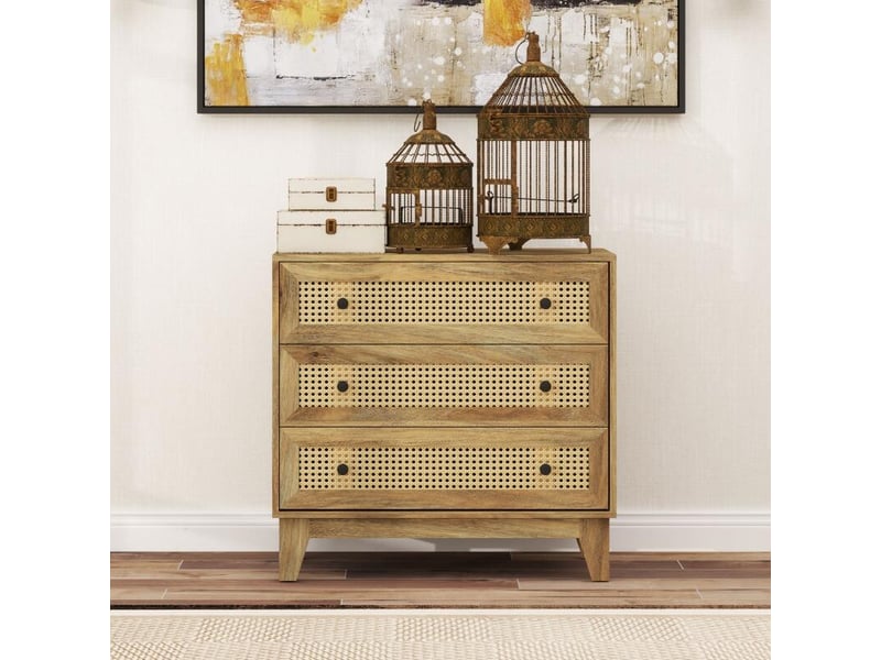  Commode 3 tiroirs meuble de rangement cannage en rotin aspect bois clair 80 x 35 x 76 cm  - Conforama B