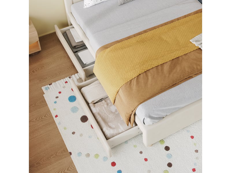  Lit enfant 140×200 cm rembourré avec tête de lit maison, 4 tiroirs, velours beige sans matelas  - Conforama D