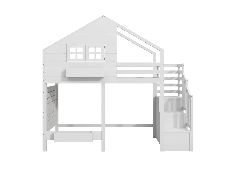  Lit superposé, lit mezzanine, lit enfant 90x200cm avec protection antichute et escalier de rangement, lit junior, avec fenêtre, bois massif, blanc  - Conforama E