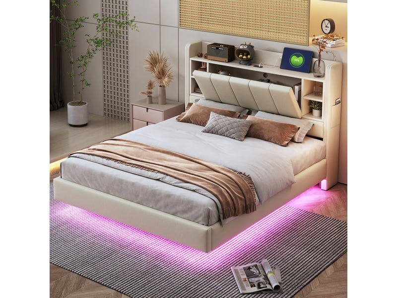  Lit double capitonné 140 x 200 cm avec éclairage led et usb, lit rembourré tête de lit réversible avec coussins de rangement, tissu effet lin, beige  - Conforama E