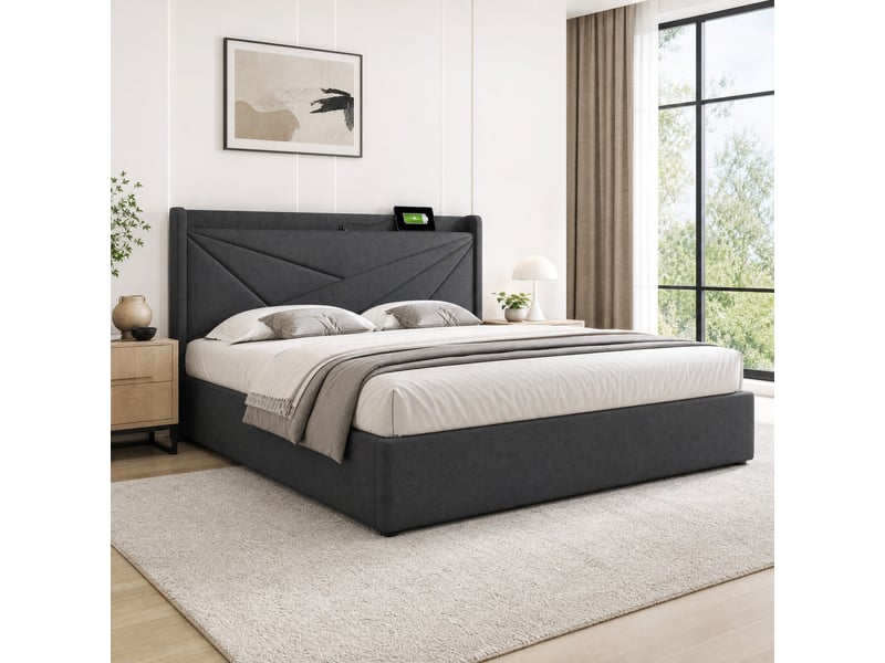 Lit double avec rangement 180 x 200 cm gris avec tête de lit usb et type-c, sommier à lattes  - Conforama B