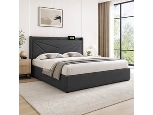 Lit double avec rangement 180 x 200 cm gris avec tête de lit usb et type-c, sommier à lattes