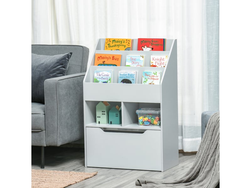 Bibliothèque enfant en bois avec 3 compartiments, 2 cubes et tiroir mobile à 4 roulettes, 60 x 29,9 x 90 cm, grise - Conforama C