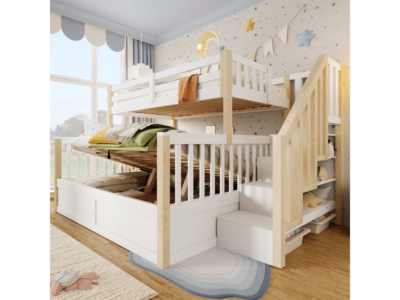  Lit superposé 90140x200cm avec escalier de rangement - lit superposé enfant - coffre hydraulique, pin blanc et naturel  - Conforama A