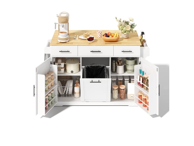  Desserte de cuisine mobile avec 3 tiroirs, poubelle, plateau rabattable et prises en mdf blanc naturel 136 × 75 × 92 cm  - Conforama A