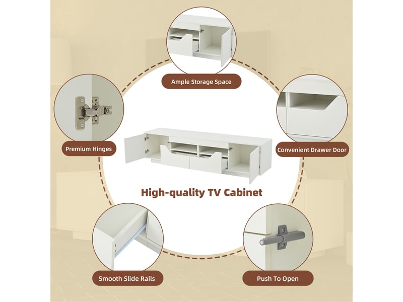  Meuble tv avec 2 tiroirs, 2 portes et led pour salon 180×40×45 cm en panneaux de particules blanc  - Conforama C