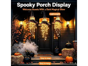 Lot de 2 décoration halloween lumineuse, chapeau de sorcière avec étoiles led, suspension décorative pour porche, entrée et jardin