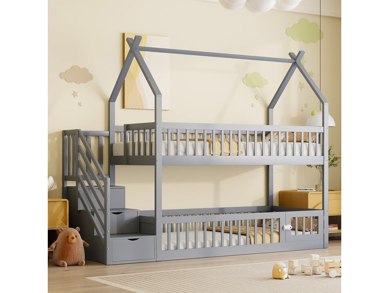  Lit superposé enfant 90x200 cm avec toit et escalier de rangement gris  - Conforama C