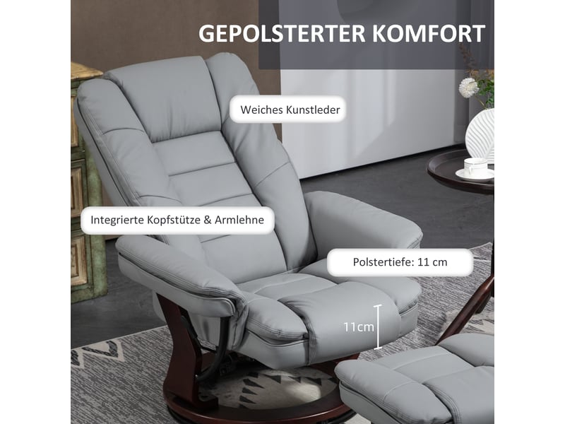  Fauteuil relax avec repose-pieds gris, pivotant à 360 degrés, inclinable à 135°, en similicuir pour salon et télévision  - Conforama D