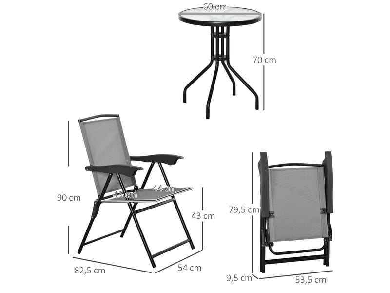  Ensemble de jardin 3 pièces 2 chaises inclinables multi-positions pliables table ronde verre trempé métal textilène gris  - Conforama E