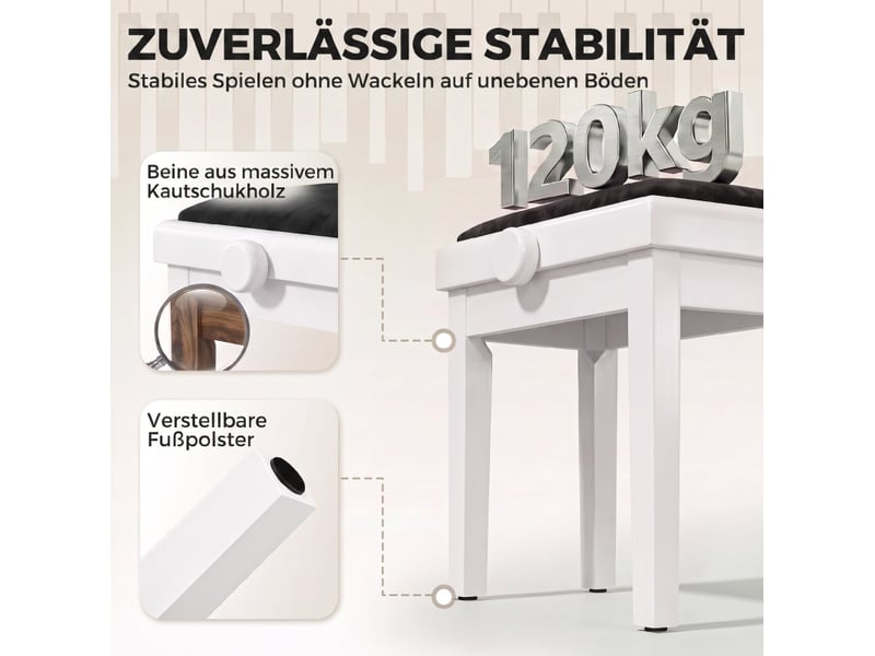 Tabouret de piano à hauteur réglable 61,5x33 cm – blanc et noir – assise rembourrée effet velours confortable  - Conforama E