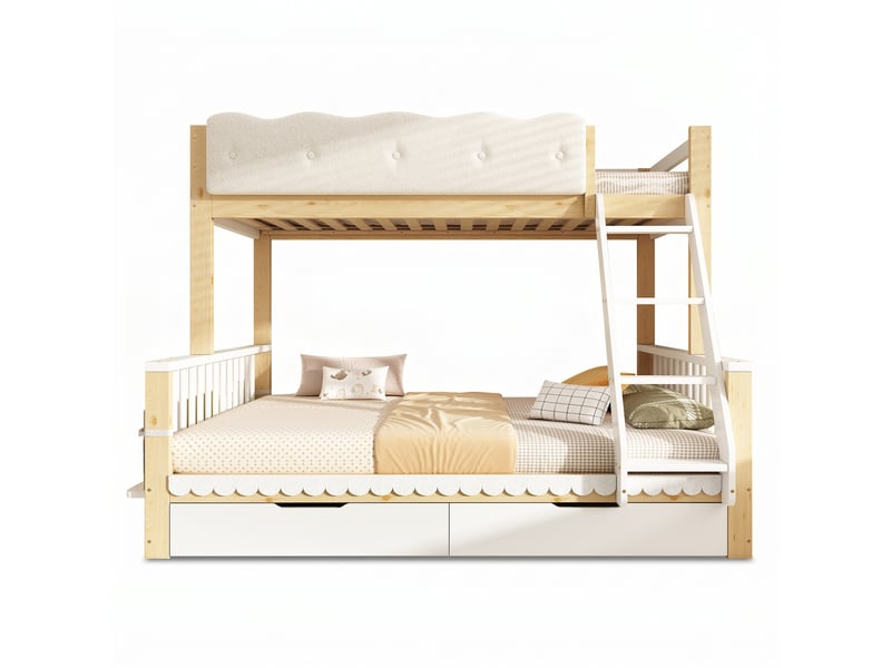  Lit superposé en bois, 2 tiroirs et sommiers, blanc et chêne, 90x200 et 140x200  - Conforama A