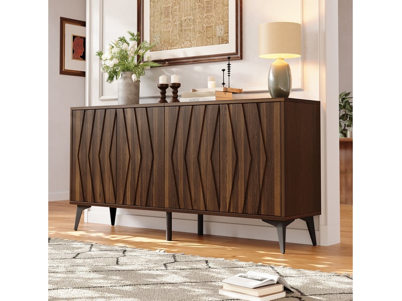 Buffet bas de rangement 140x35x70 cm, 4 portes, 2 tablettes réglables, mdf et panneau de particules, bois noyer - Conforama D