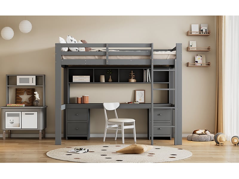  Lit superposé 90x200 cm avec bureau et rangements gris pin massif échelle et garde-corps inclus Sol Morn - Conforama D