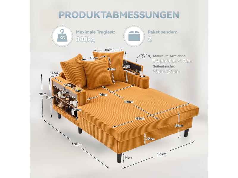  Canapé convertible en velours côtelé moutarde avec led, coffre intégré et port usb pratique  - Conforama C