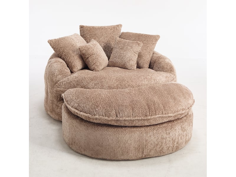  Fauteuil rond surdimensionné 138x190.5x63 cm, dossier large, coussins inclus, mousse dense, polyester, café  - Conforama A