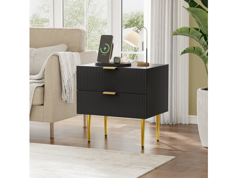  Table de chevet 53x41,5x52,5 cm, 2 tiroirs, motif ondulé moderne, meuble de chambre, pieds métal, rangement, mdf noir  - Conforama D