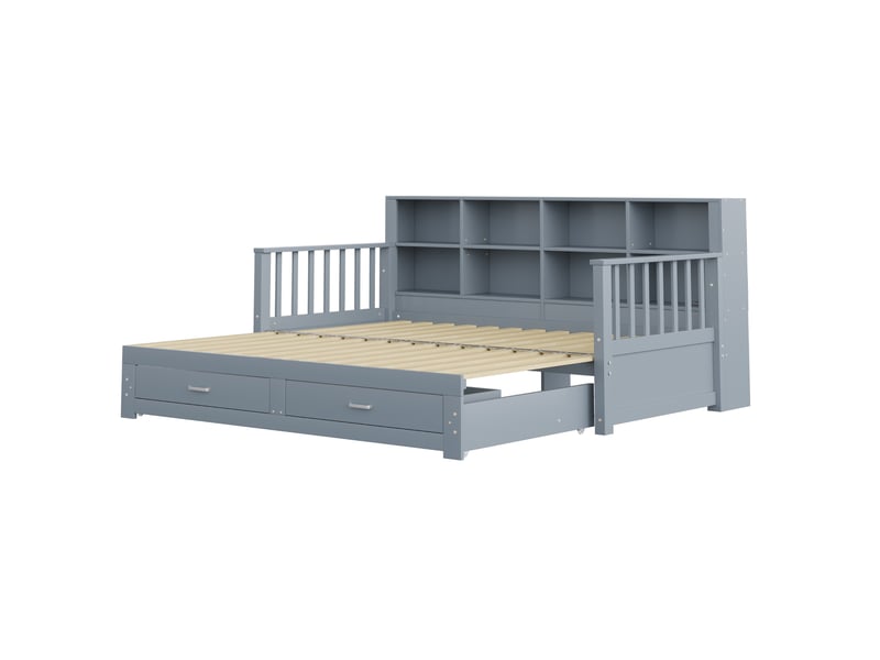 Lit banquette extensible 90x190 cm – gris – 2 tiroirs, rangements dosseret et prise intégrée - sans matelas - Conforama D