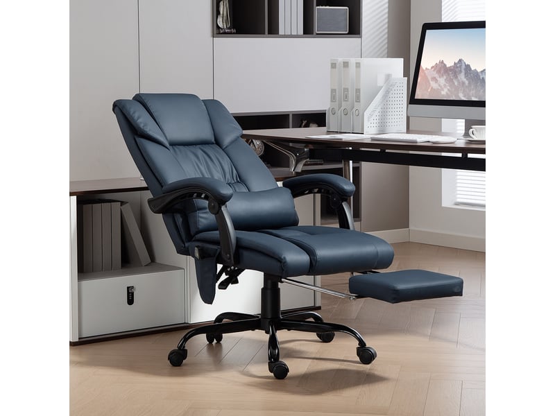  Fauteuil de bureau massant, repose-pied, hauteur réglable, dossier inclinable, télécommande filaire, 66x75x122cm, bleu  - Conforama B