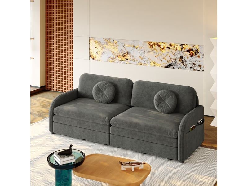  Canapé-lit convertible 3 places 205x84 cm – gris – coulissant 3-en-1, poches latérales et coussins  - Conforama B