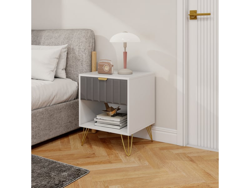  Table de chevet, table d'appoint compartiment ouvert, tiroir et poignée, pieds en acier, 45 x 40 x 55, blanc  - Conforama D
